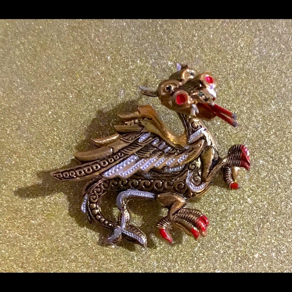 Victorian Damascene Dragon Brooch Pin Ornate Hand Painted Statement